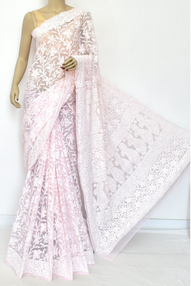 Image of Baby Pink Allover Hand-Embroidered Lucknowi Chikankari Georgette Saree (with Blouse) 15197