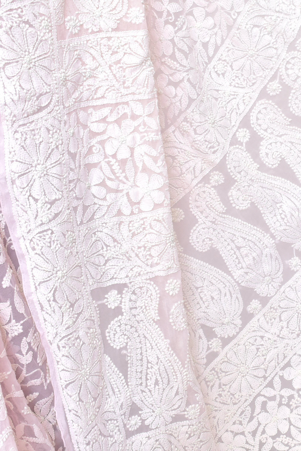 Baby Pink Allover Hand-Embroidered Lucknowi Chikankari Georgette Saree with Blouse 15197