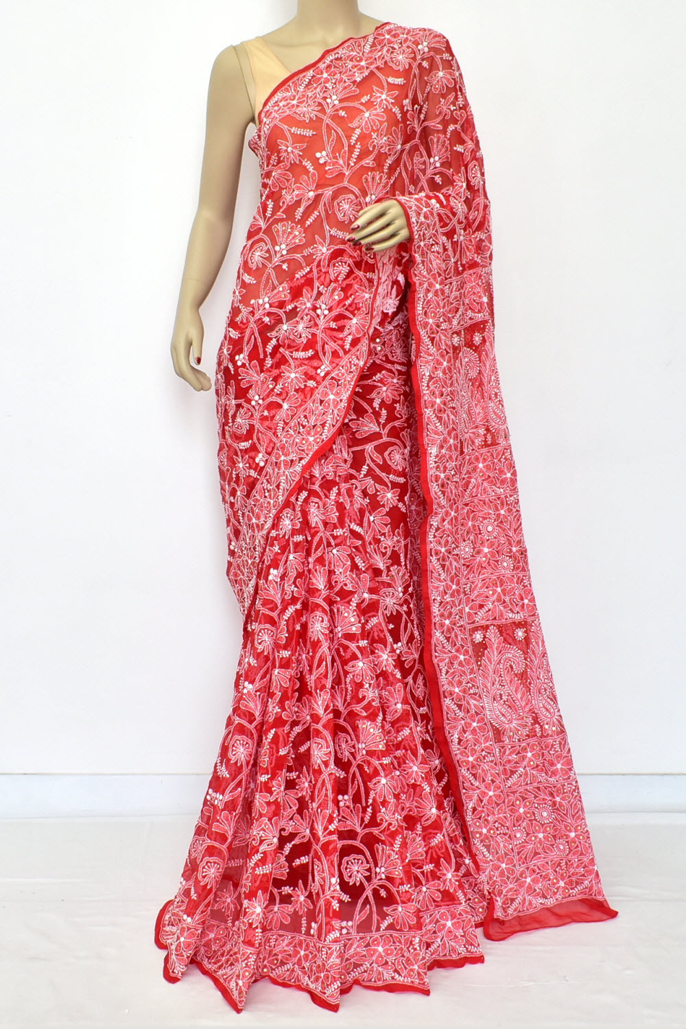 Red Mukaish Work with Allover Hand-Embroidered Lucknowi Chikankari Georgette Saree with Blouse 15204