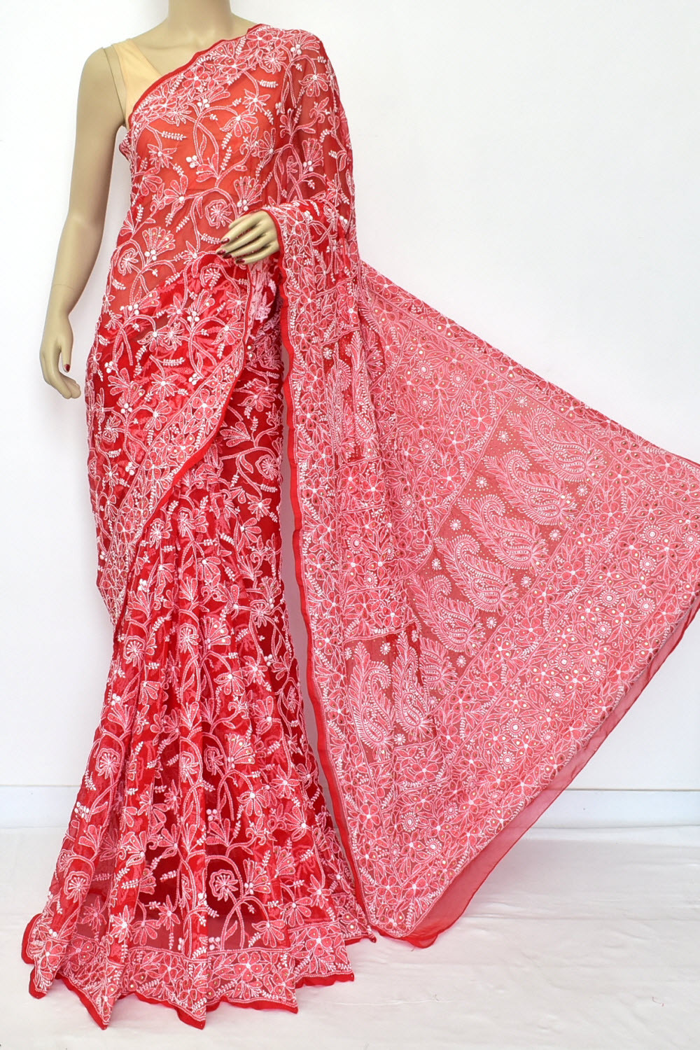 Red Mukaish Work with Allover Hand-Embroidered Lucknowi Chikankari Georgette Saree with Blouse 15204
