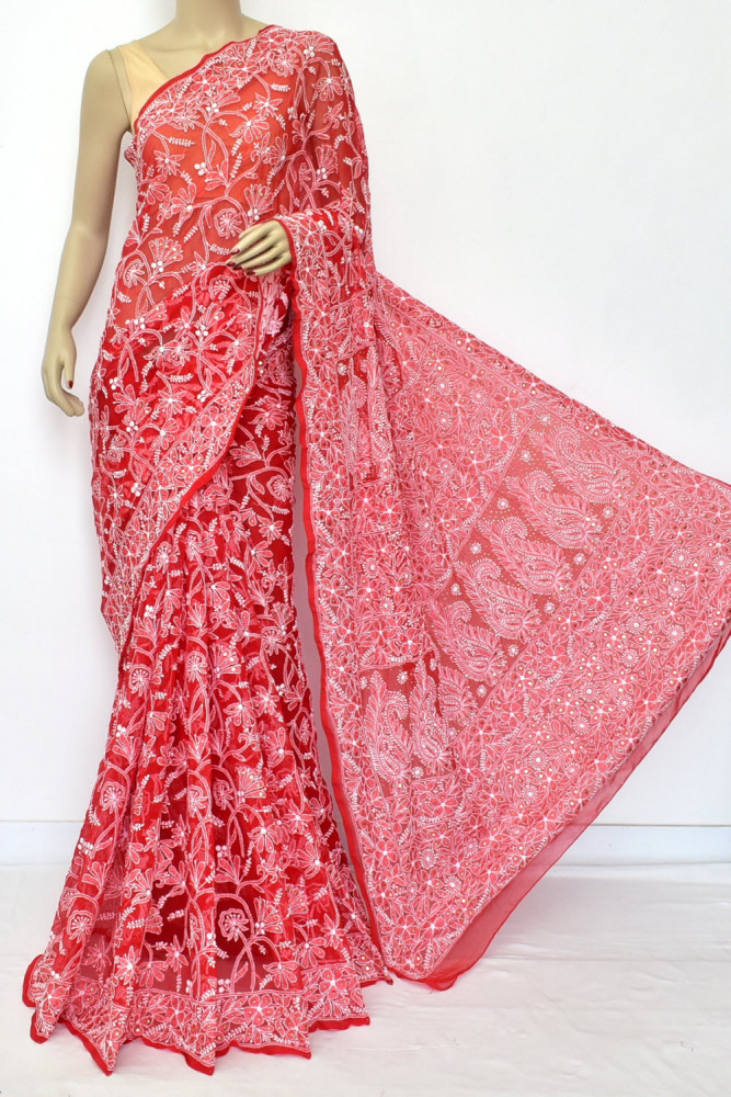 Image of Red Mukaish Work with Allover Hand-Embroidered Lucknowi Chikankari Georgette Saree (with Blouse) 15204