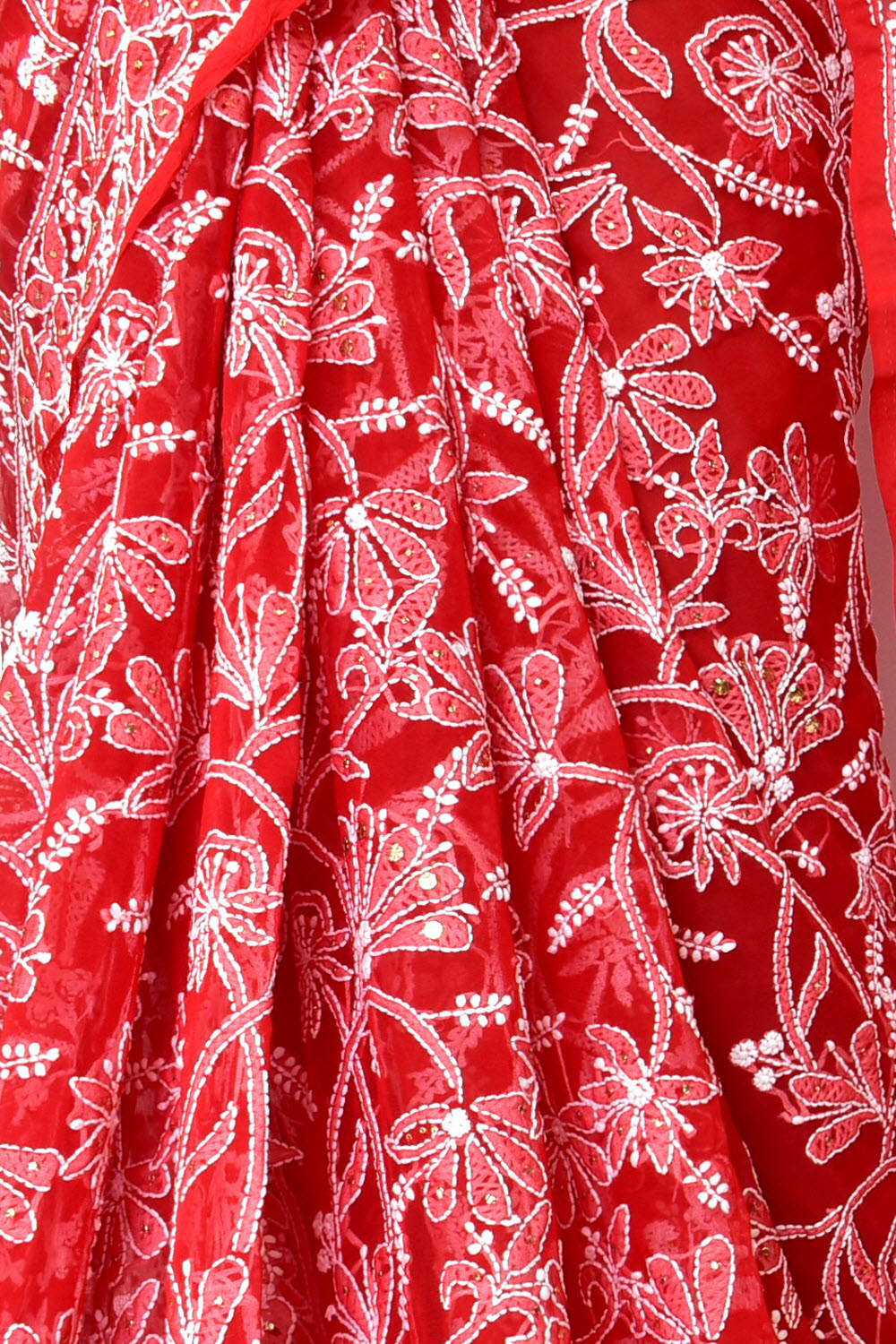 Red Mukaish Work with Allover Hand-Embroidered Lucknowi Chikankari Georgette Saree with Blouse 15204