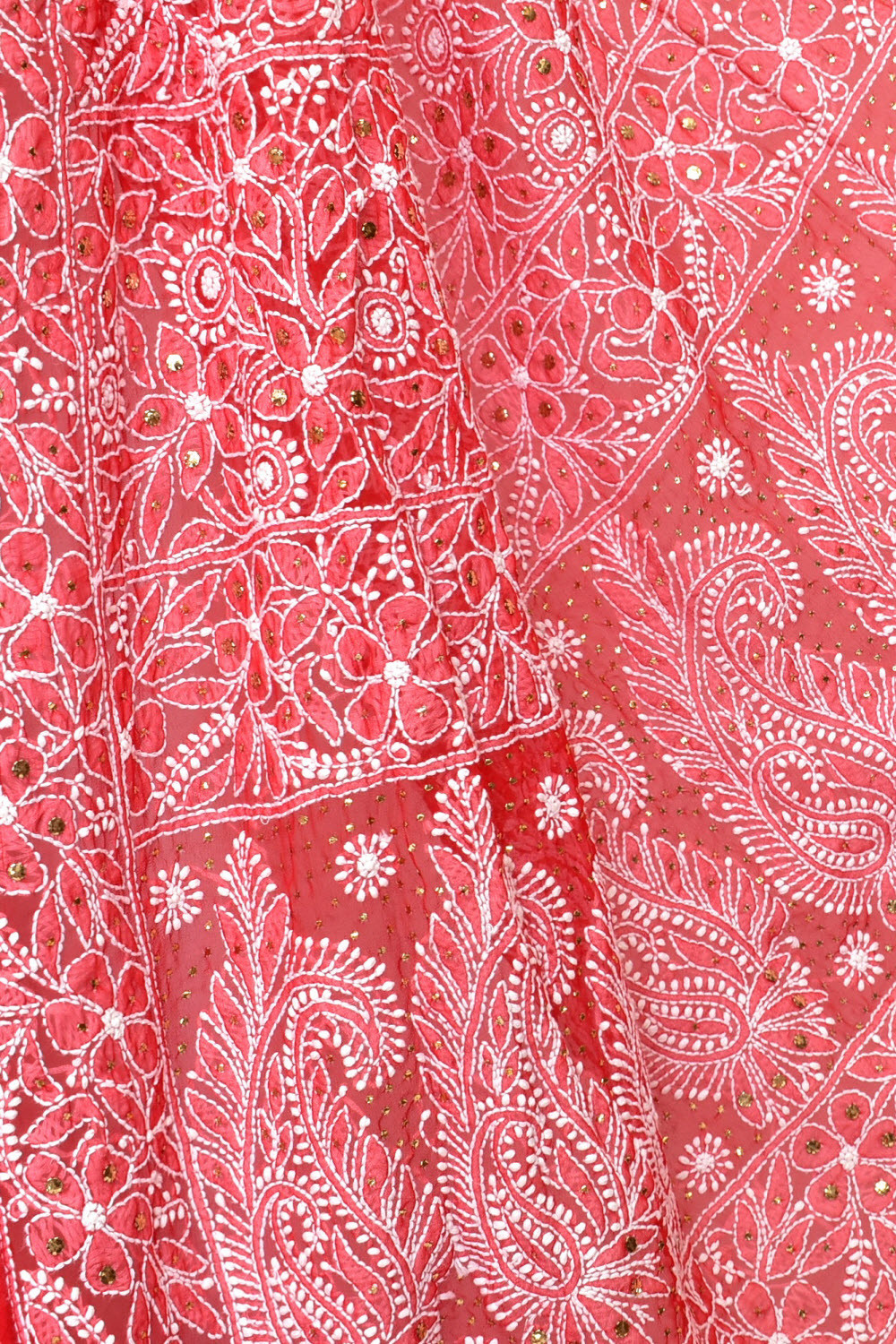 Red Mukaish Work with Allover Hand-Embroidered Lucknowi Chikankari Georgette Saree with Blouse 15204