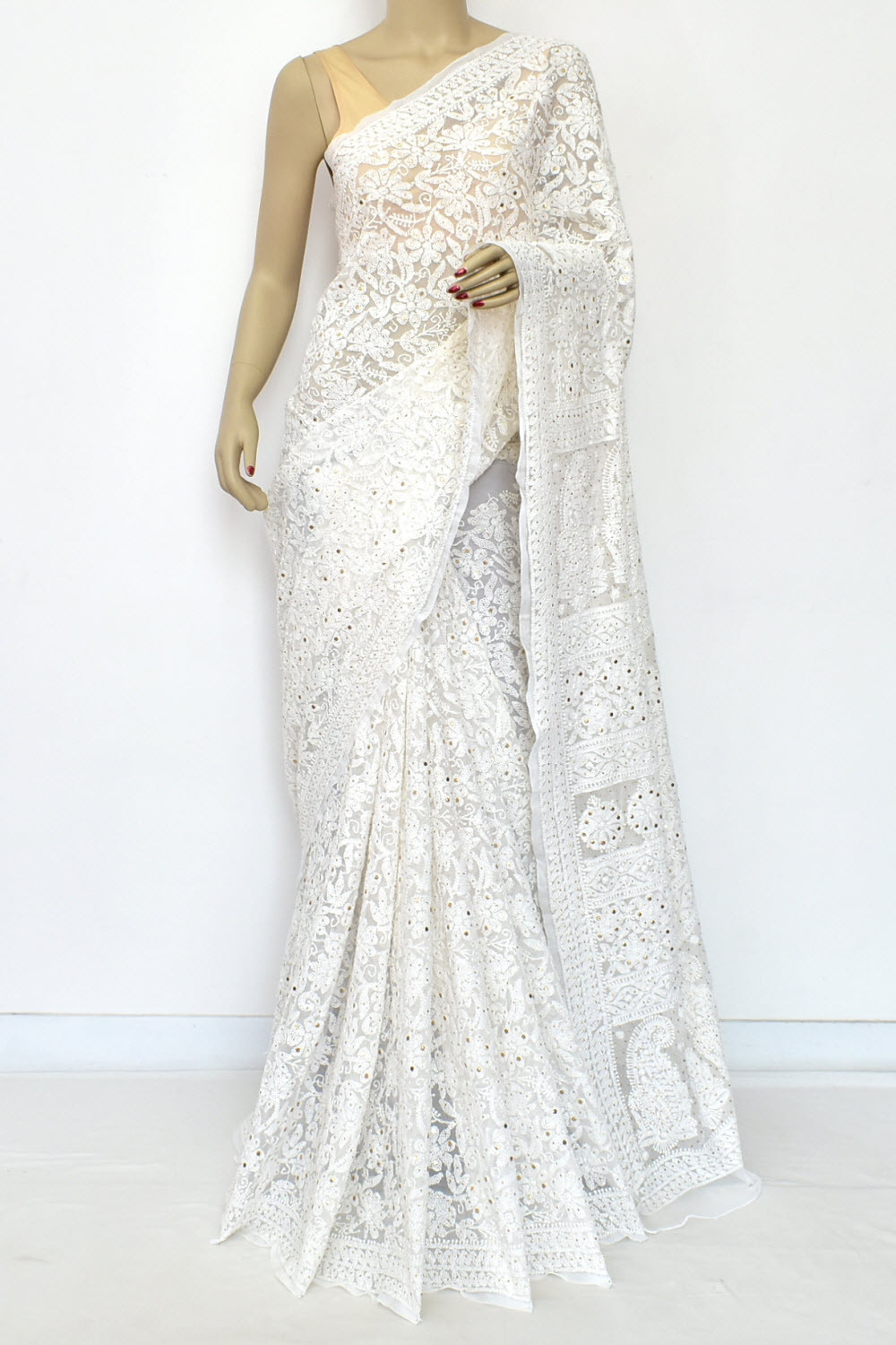 White Mukaish Work with Allover Hand-Embroidered Lucknowi Chikankari Georgette Saree with Blouse 15205