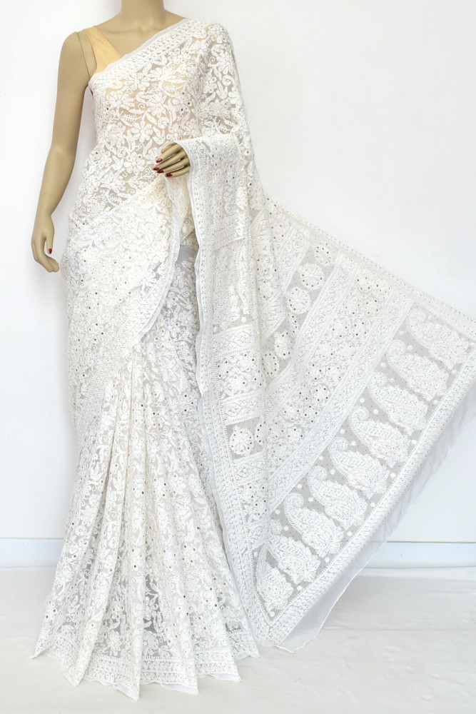 Image of White Mukaish Work with Allover Hand-Embroidered Lucknowi Chikankari Georgette Saree (with Blouse) 15205