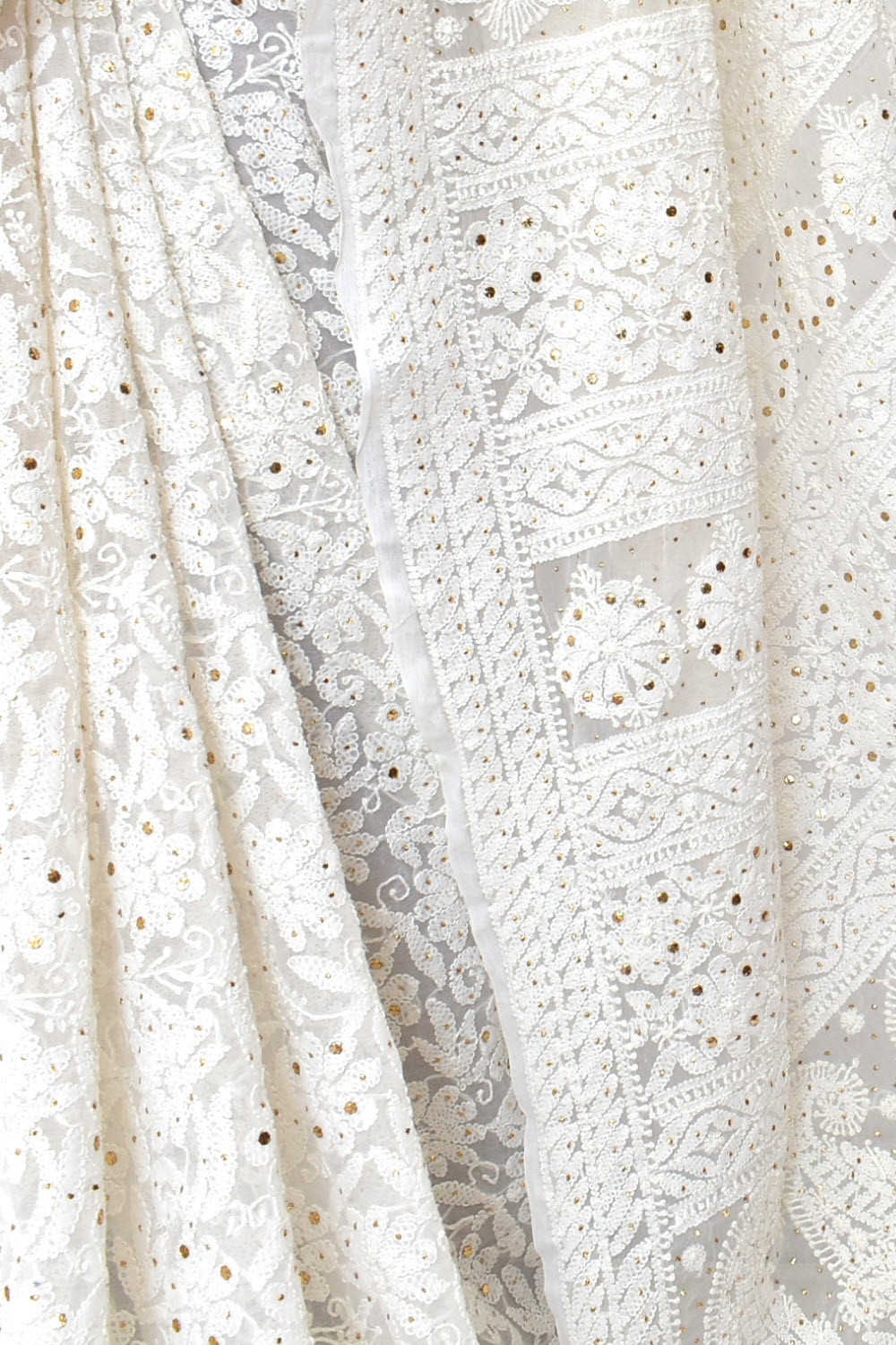 White Mukaish Work with Allover Hand-Embroidered Lucknowi Chikankari Georgette Saree with Blouse 15205