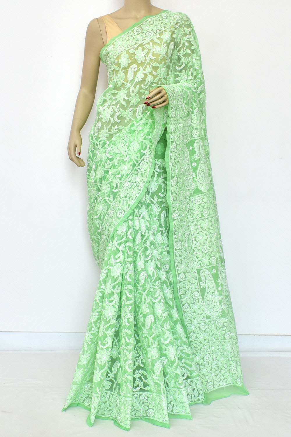 Pista Green Allover Hand-Embroidered Lucknowi Chikankari Georgette Saree with Blouse 15126