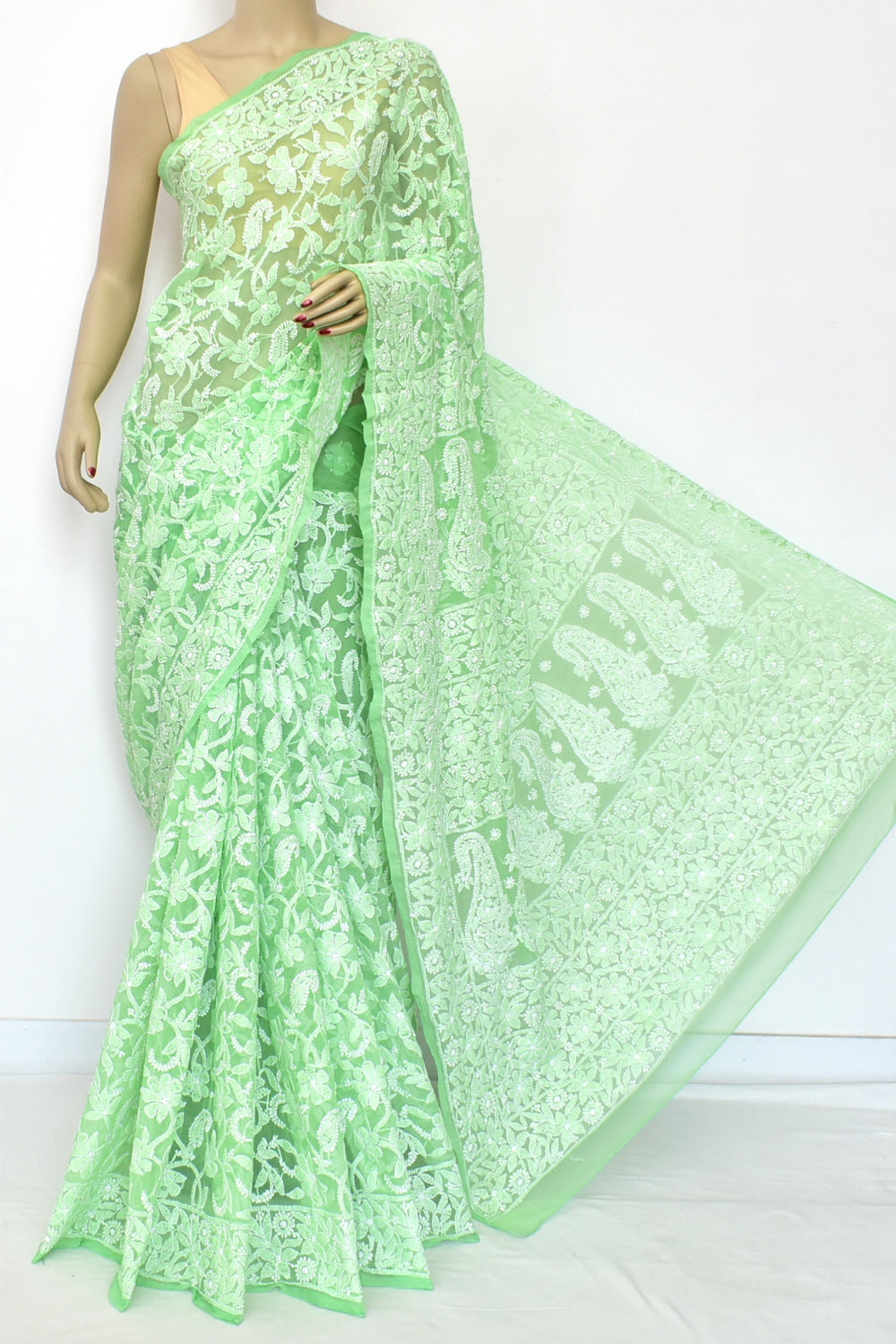 Pista Green Allover Hand-Embroidered Lucknowi Chikankari Georgette Saree with Blouse 15126
