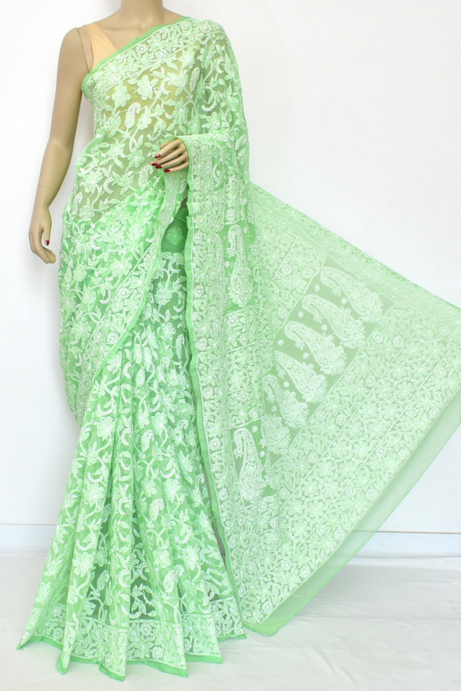Image of Pista Green Allover Hand-Embroidered Lucknowi Chikankari Georgette Saree (with Blouse) 15126