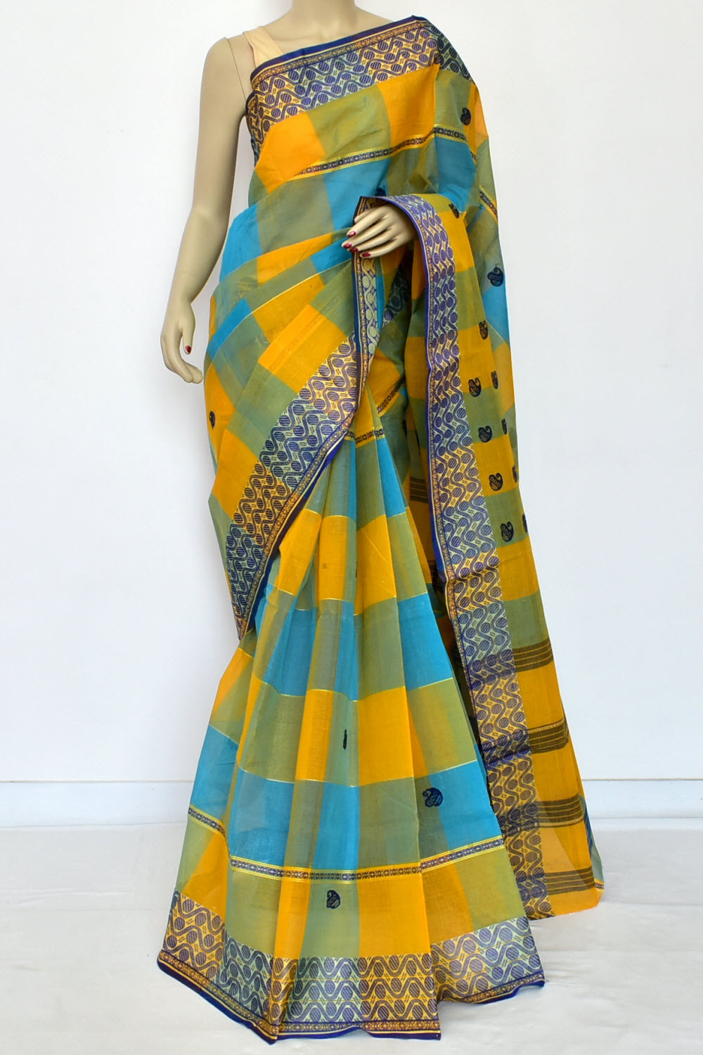 Yellow Pherozi Dhaniakhali Handloom Tant Cotton Saree 13931