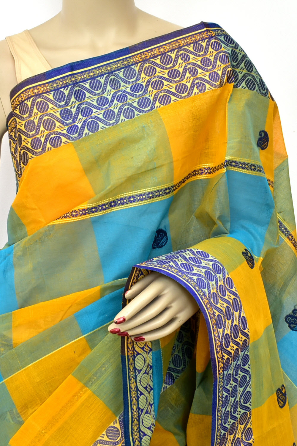 Yellow Pherozi Dhaniakhali Handloom Tant Cotton Saree 13931
