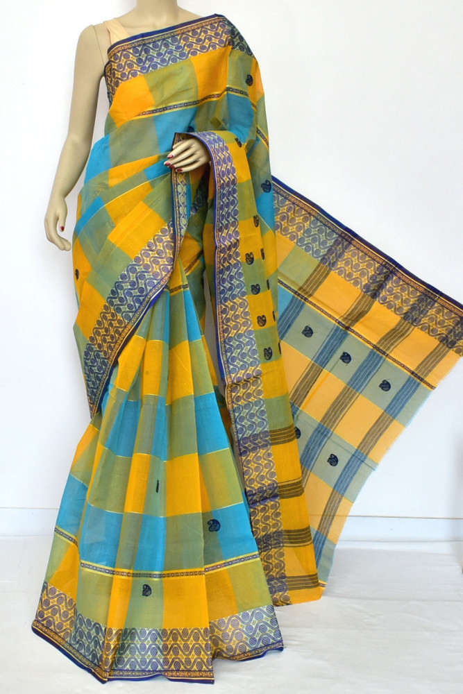 Image of Yellow Pherozi Dhaniakhali Handloom Tant Cotton Saree 13931