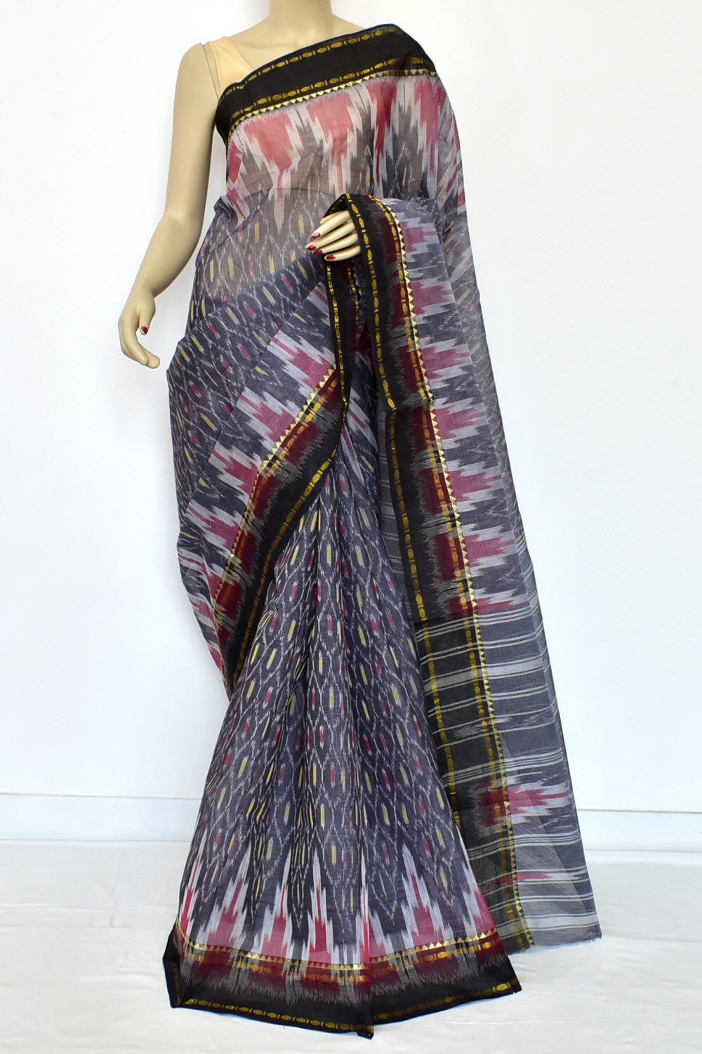 Slate Blue Dhaniakhali Kotki Print Handloom Tant Cotton Saree 13956