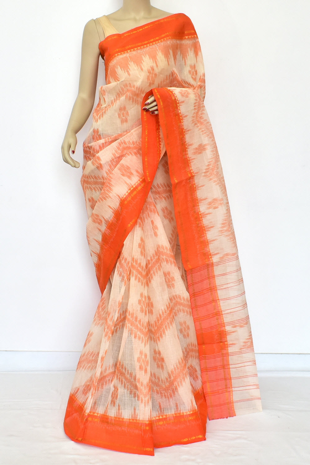 Fawn Orange Dhaniakhali Handloom Tant Cotton Saree 13204