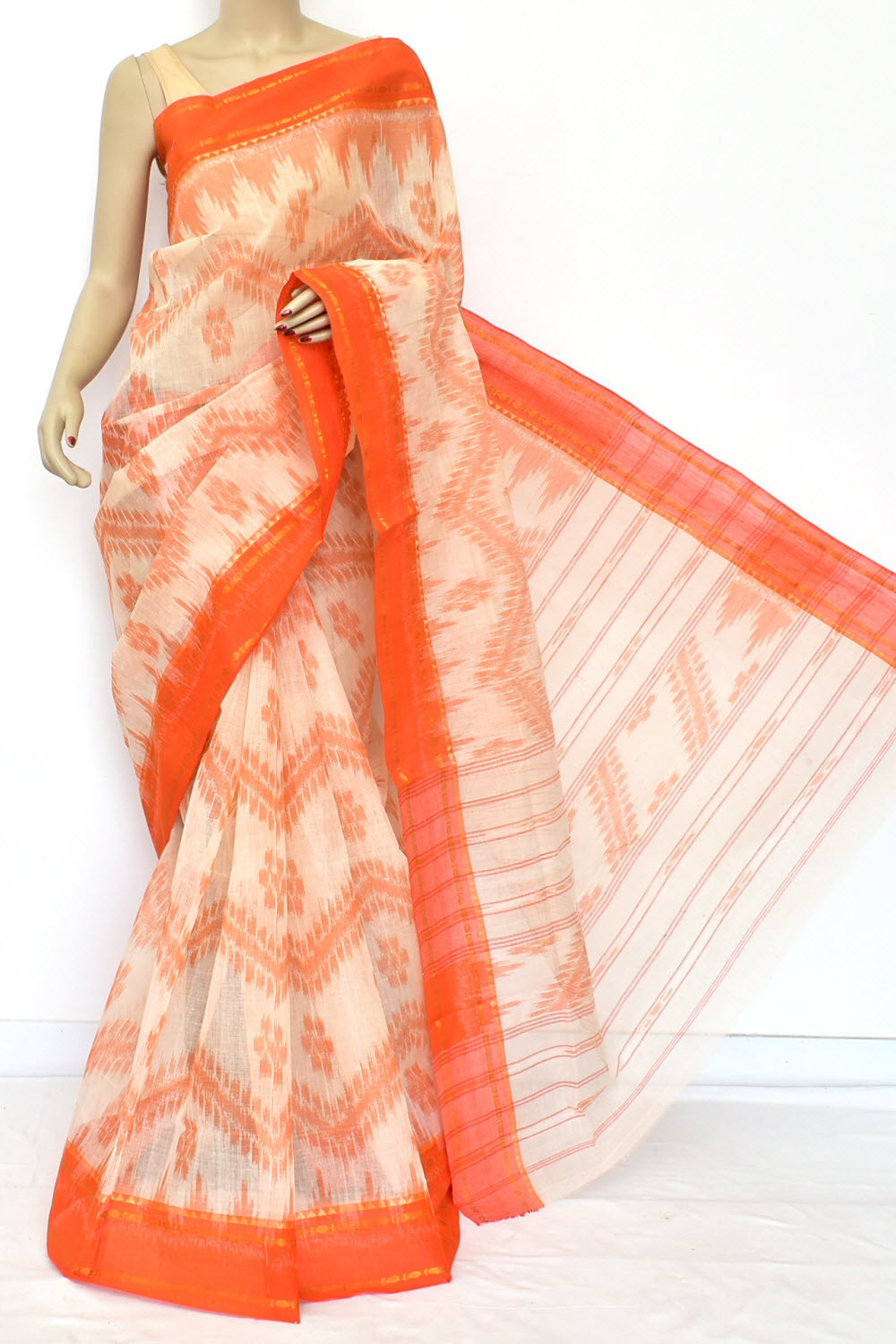 Fawn Orange Dhaniakhali Handloom Tant Cotton Saree 13204