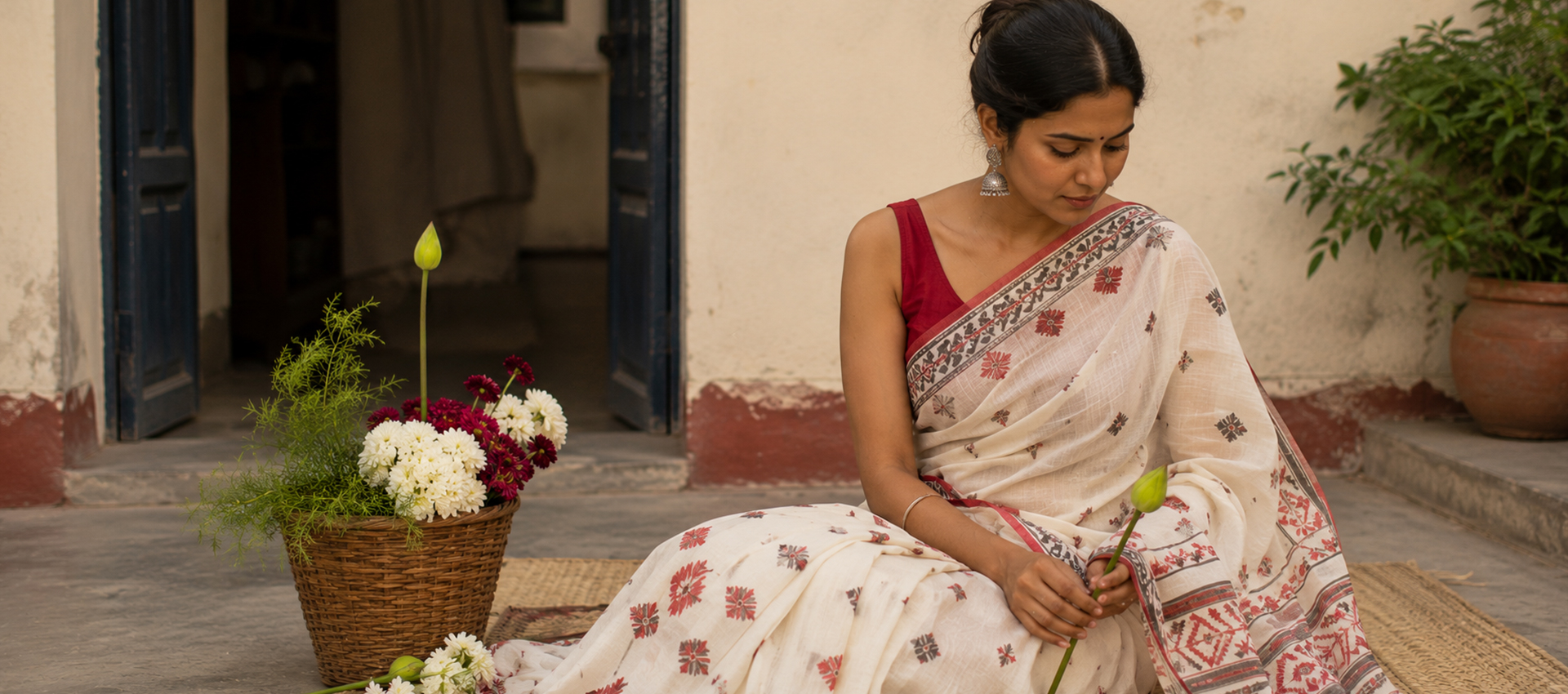 Woman wearing traditional Bengal handloom cotton saree showcasing handcrafted weaving, breathable fabric and timeless elegance