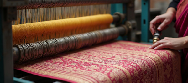 Traditional jacquard weaving technique on a handloom, showcasing intricate woven patterns created by interlacing coloured yarns to create detailed motifs and rich textile designs in Indian handloom craftsmanship