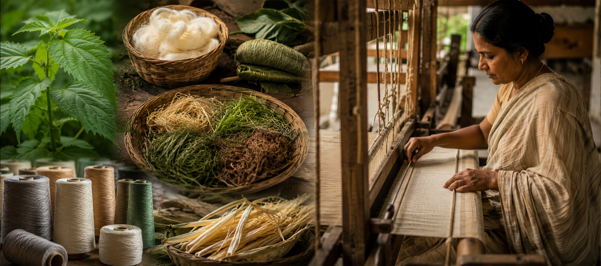 Sustainable handloom weaving in India using innovative natural fibres and eco-friendly textile craftsmanship by Indian artisan