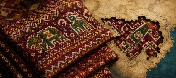 Traditional Patan Patola handwoven silk textile from Gujarat seamlessly merging with the map of Gujarat, showcasing India's iconic double ikat weaving heritage and handcrafted craftsmanship
