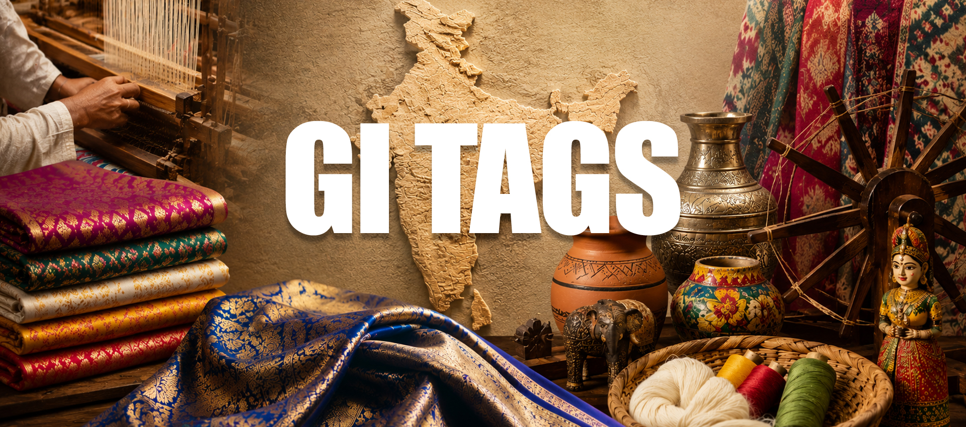 Indian Geographical Indication (GI) tagged handloom textiles and traditional handicrafts with India map, artisan weaving, pottery, brassware, spinning wheel, and handcrafted heritage