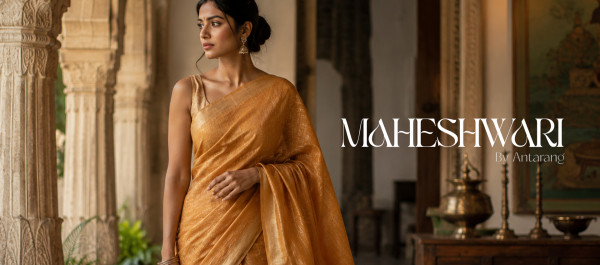 Woman wearing a traditional Maheshwari silk saree in a heritage Indian setting, showcasing handloom weaving, golden zari border and timeless craftsmanship