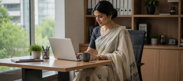 Woman wearing a breathable handloom cotton saree in a modern office, showcasing lightweight summer office wear for Indian women