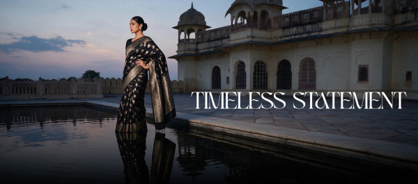 Woman wearing a elegant black silk saree in a heritage Indian setting, showcasing handloom weaving, golden zari border and timeless craftsmanship