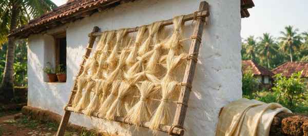 Linen saree weaving in India by skilled handloom artisans, showcasing natural linen fibres, traditional weaving techniques and sustainable textile craftsmanship
