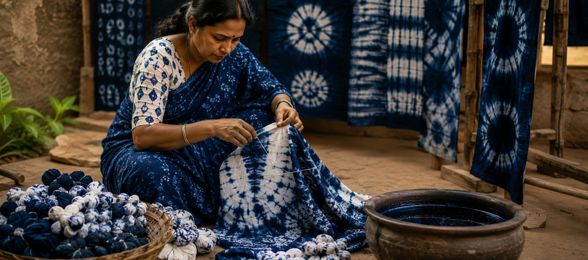 Indian artisan creating Shibori dyed fabric using traditional tie-dye technique with indigo natural dyes and handcrafted textiles