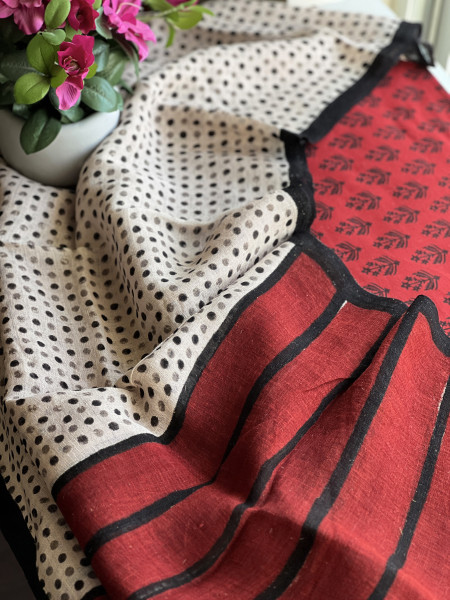 DOTTED RED AND BLACK LINEN DUPATTA 2 PIECE SUIT SET