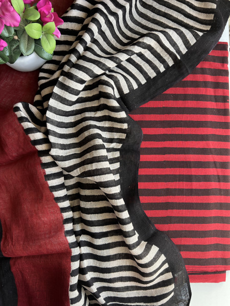 STRIPED BLACK RED LINEN DUPATTA 2 PIECE SUIT SET