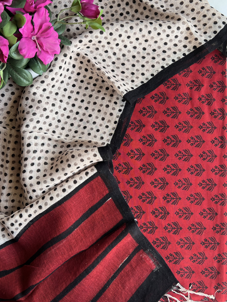 Image of DOTTED RED AND BLACK LINEN DUPATTA 2 PIECE SUIT SET