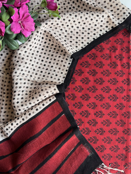 DOTTED RED AND BLACK LINEN DUPATTA 2 PIECE SUIT SET