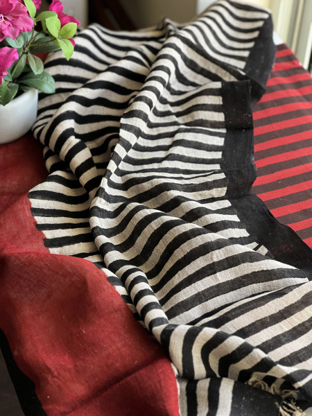 STRIPED BLACK RED LINEN DUPATTA 2 PIECE SUIT SET