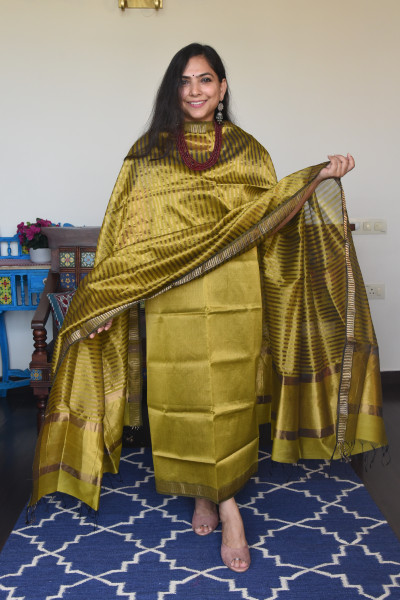 DEEP LIME GREEN - GOLD TISSUE KURTA SET