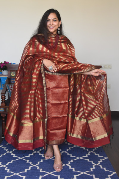 RED - GOLD TISSUE KURTA FABRIC