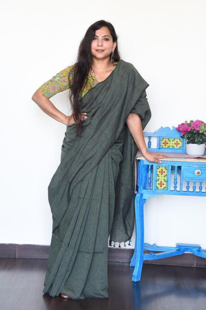 Image of MOSS GREY COTTON SAREE
