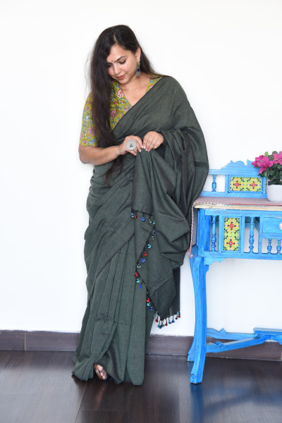 MOSS GREY COTTON SAREE