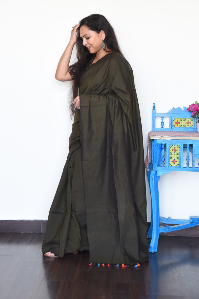 Image of SEAWEED BROWN COTTON SAREE