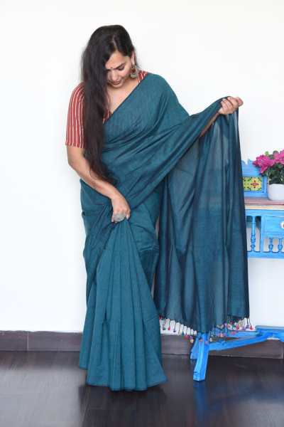 NAVY TEAL BLUE COTTON SAREE