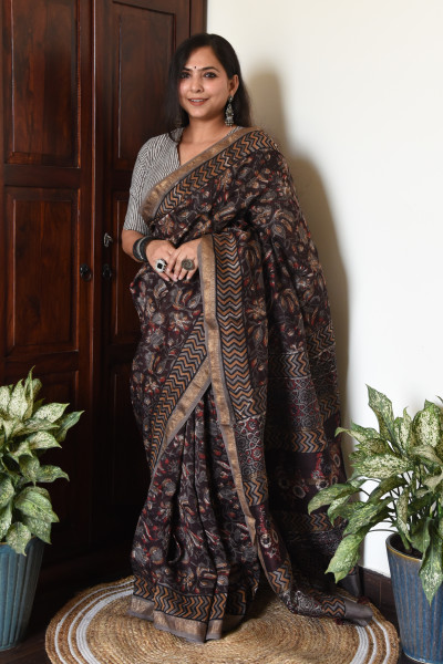 FLORAL BROWN COTTON SILK SAREE