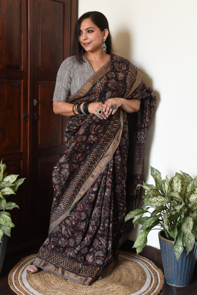 FLORAL BROWN COTTON SILK SAREE