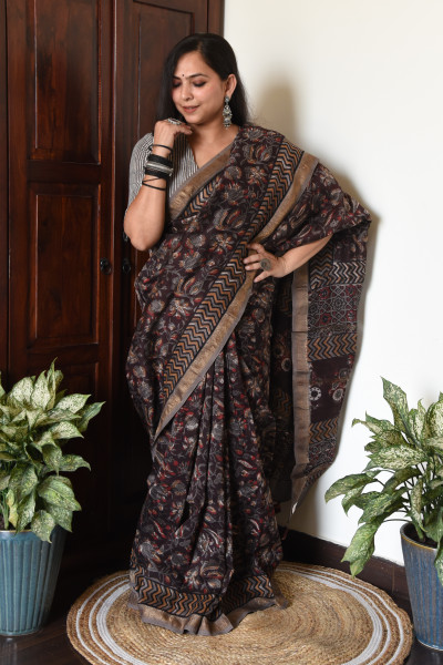 FLORAL BROWN COTTON SILK SAREE