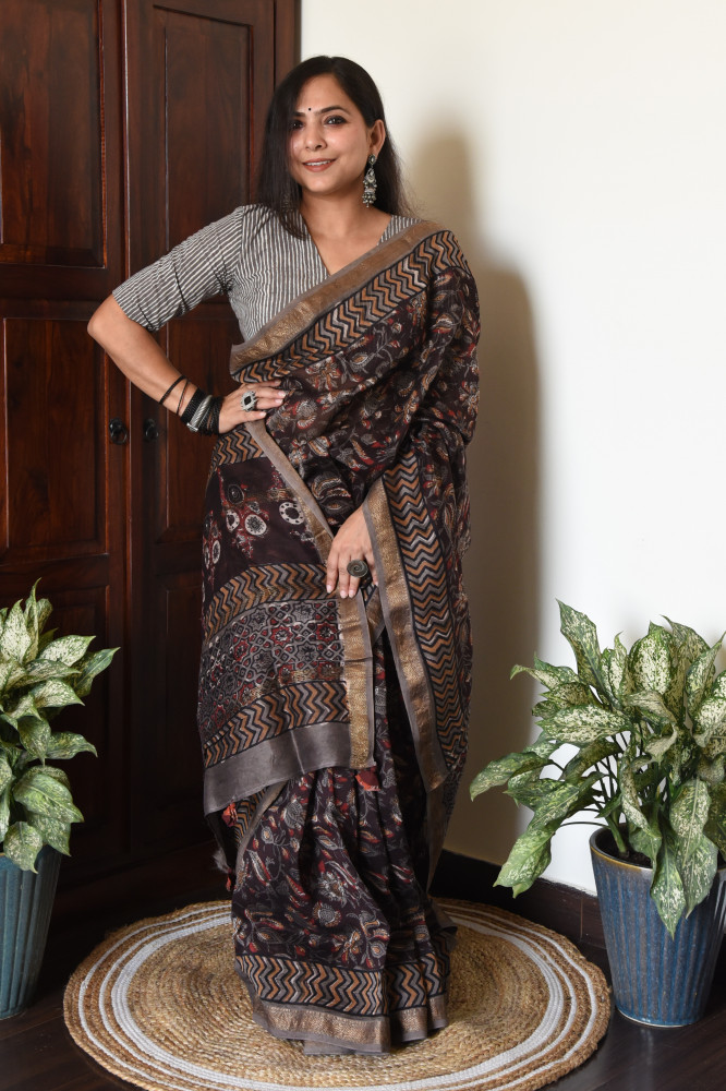 Image of FLORAL BROWN COTTON SILK SAREE