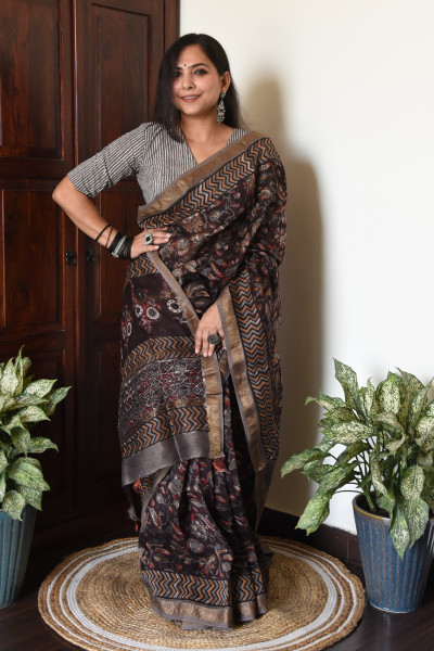 FLORAL BROWN COTTON SILK SAREE