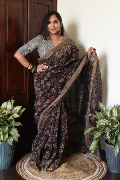 FLORAL BROWN COTTON SILK SAREE