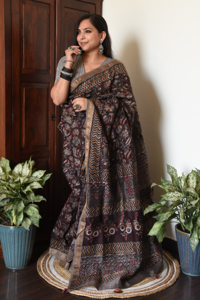 FLORAL BROWN COTTON SILK SAREE