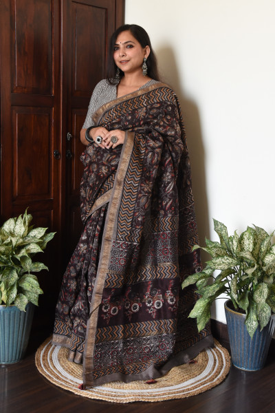 FLORAL BROWN COTTON SILK SAREE
