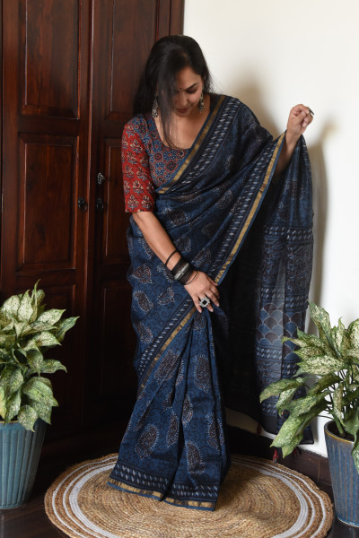 DARK INDIGO COTTON SILK SAREE