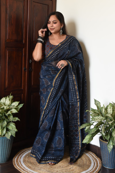 DARK INDIGO COTTON SILK SAREE